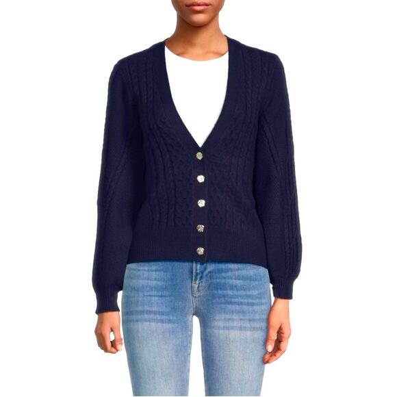 Elie Tahari Navy Blue Cable Knit V-Neck Cardigan Sweater NWT Small - Picture 1 of 16
